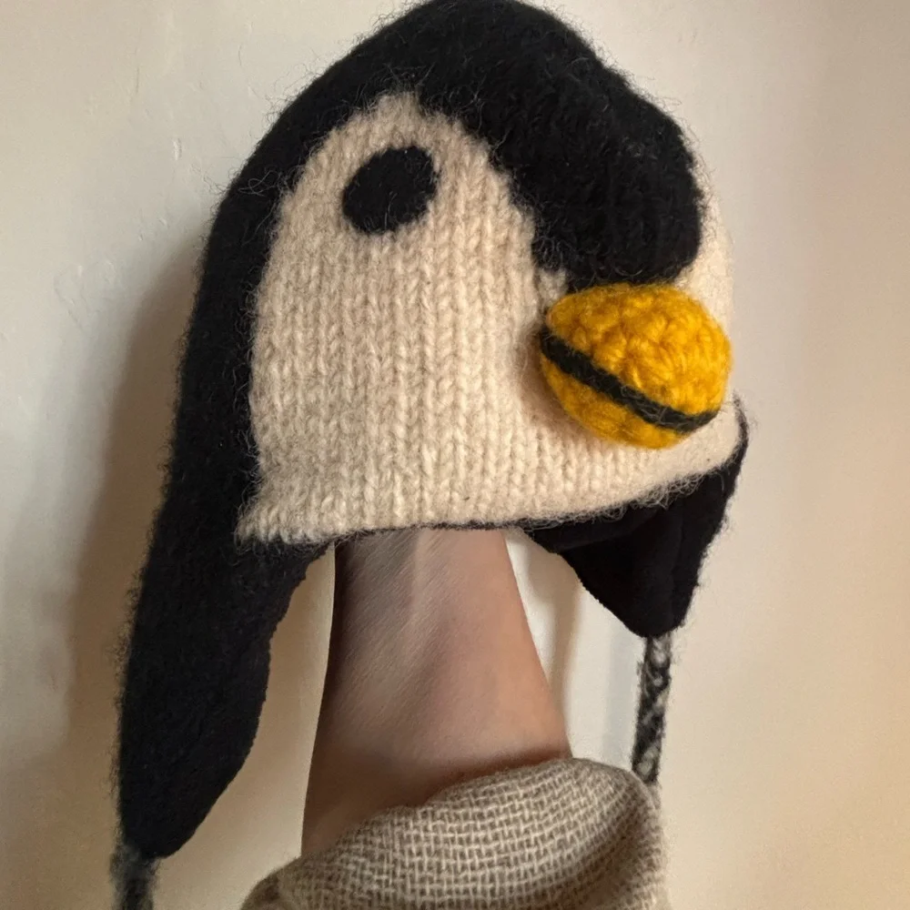Wool Penguin Hat Fleece Lined Made In Nepal Chunky Knit